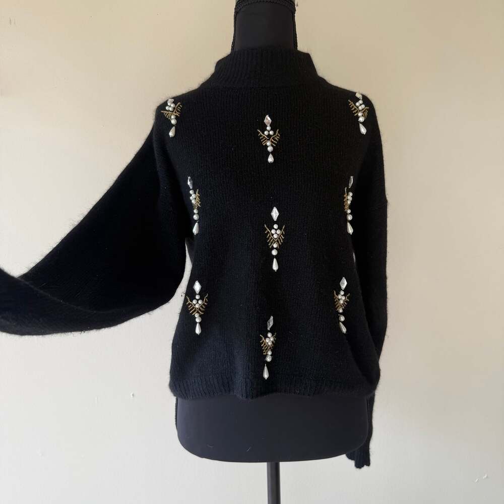 Vintage Cezanne Black Pearl & Rhinestone Beaded Silk Blend Sweater